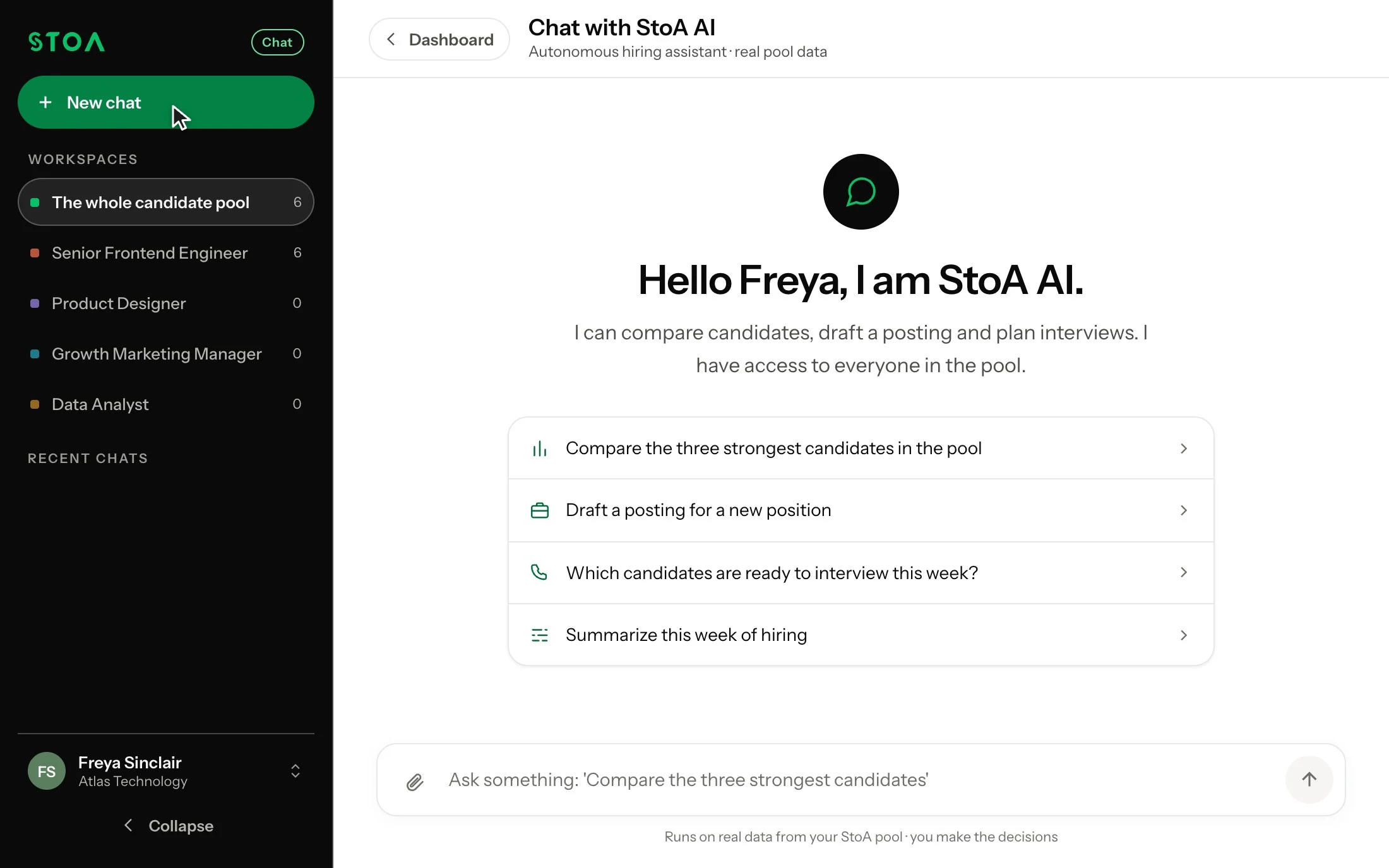 Chat to CV comparing candidates, suggesting actions, and opening relevant hiring screens