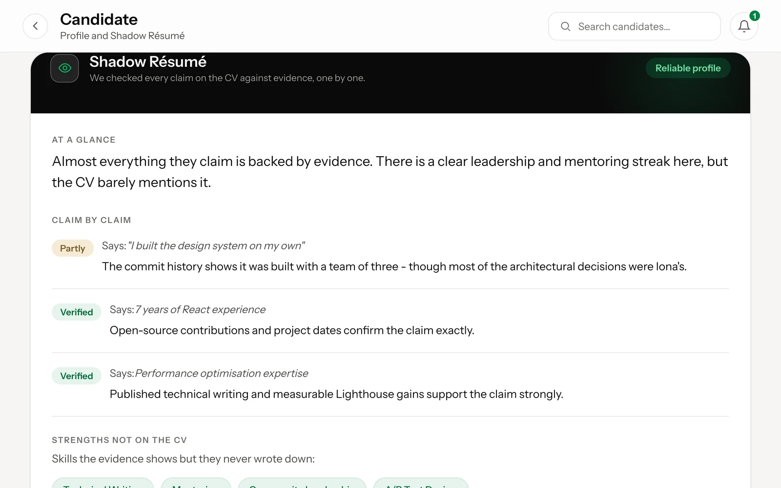 Candidate profile with a match breakdown and Shadow CV claim-to-evidence checks