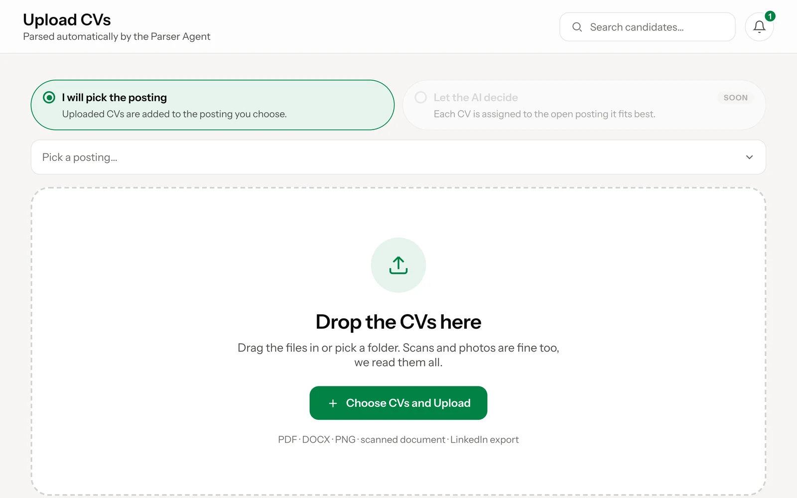 Three CVs dropped onto the upload screen, StoA parsing them one after another