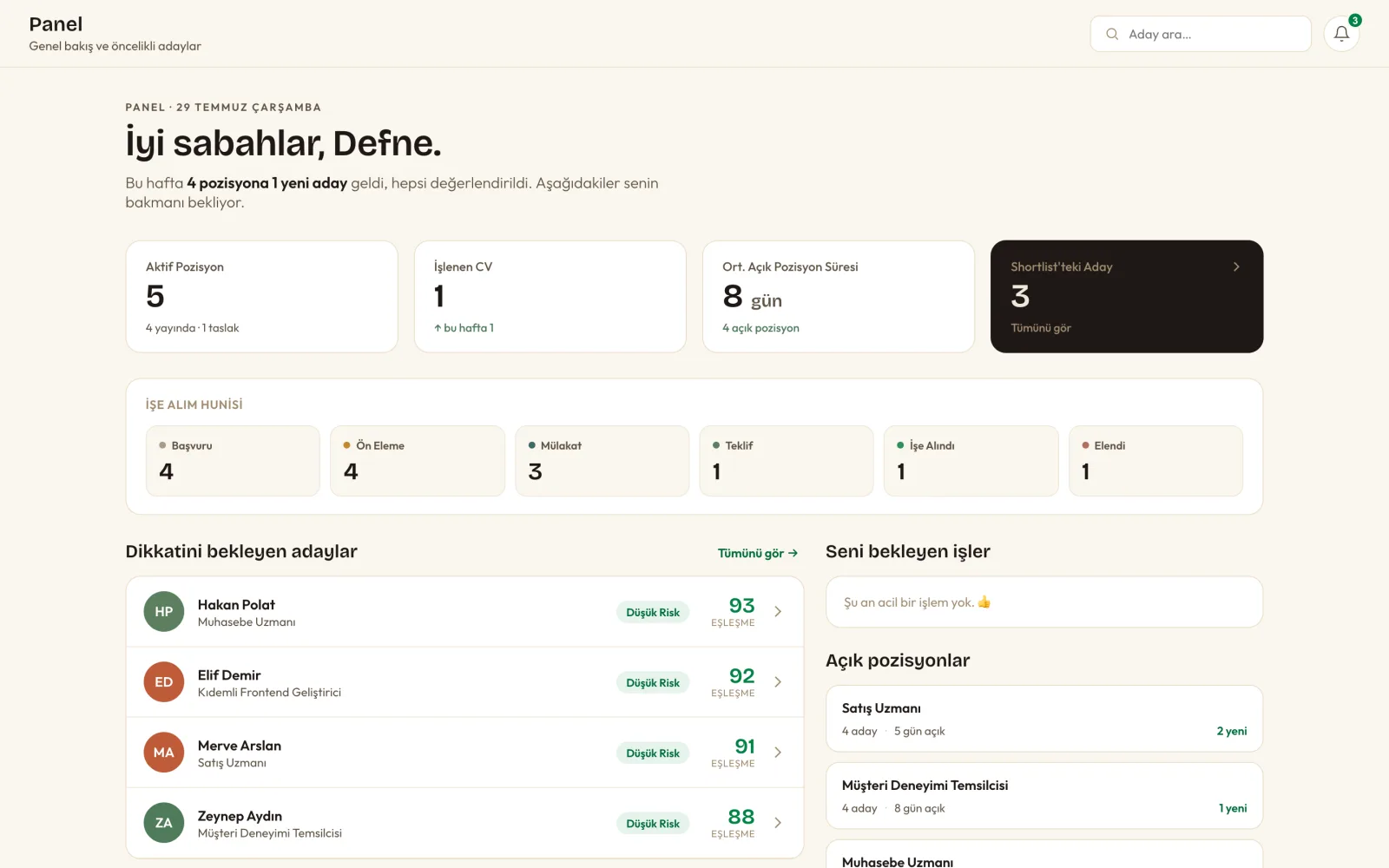 StoA konsol paneli: açık pozisyonlar, işe alım hunisi ve incelenmeyi bekleyen adaylar
