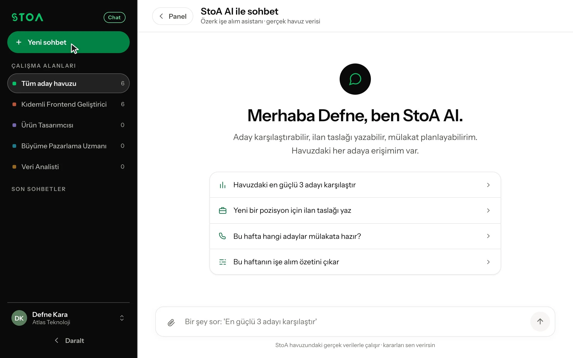 Adayları karşılaştıran, eylem öneren ve ilgili ekranları açan Chat to CV çalışma alanı